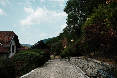 Stone walkway in Mokra Gora, Serbia, lined with bushes, trees and round street lampsの写真素材