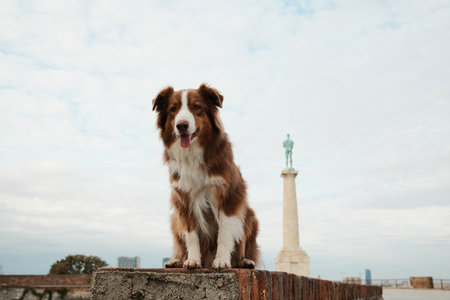 Australian Shepherd dog sitting on a wall at Kalemegdan Fortress with the Pobednik monument in the background. Travel with pet concept. Pet friendly Serbiaの写真素材