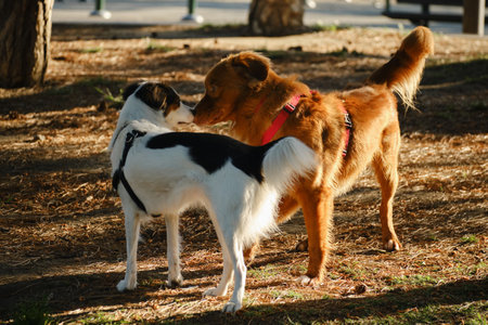 Dog greeting another dog with a nose touch in the forest park. The concept of friendly dog body...
