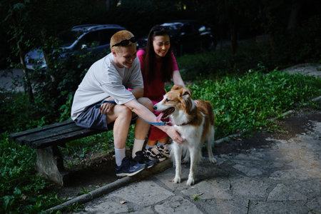 Young couple sitting on a bench and petting their dog in the park. Outdoor lifestyle with pets and...