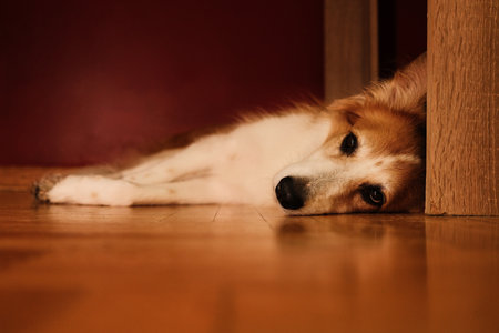 A red and white dog lies on the floor near a red wall, its head resting sideways, eyes half-closed in a calm and cozy atmosphereの写真素材