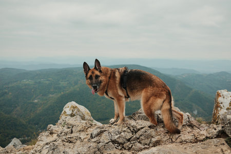 German Shepherd looking back while standing on the edge of rocky cliffs at the top of Mount Kablar in Serbia. Hiking with pets conceptの写真素材