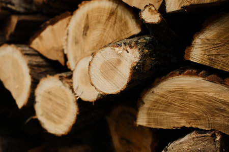 Detailed view of stacked cut logs showing natural wood grain and texture. Ideal for backgrounds, eco concepts, and rustic designの写真素材