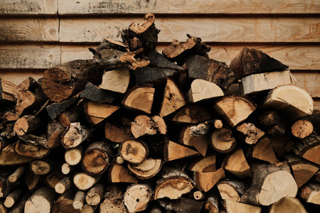 Neatly stacked firewood in rustic setting with natural wood textures and warm tones. Perfect for eco, energy, and rural lifestyle visualsの写真素材
