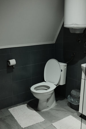 Clean and simple bathroom with white toilet, dark tiles, and water heater. Perfect for real estate, home improvement, and interior design visualsの写真素材