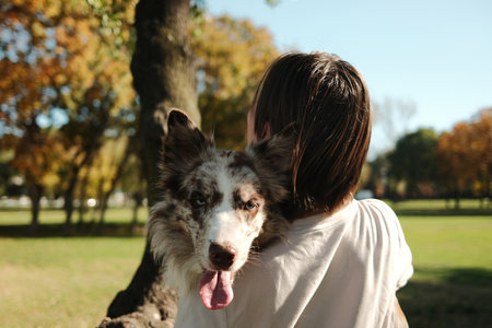 Woman embracing her red merle Border Collie in a sunny autumn park, expressing love, trust, and...