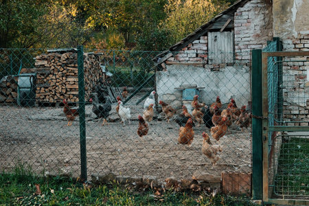 Flock of chickens standing in fenced yard beside old brick farmhouse in Serbian villageの写真素材