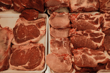 Various cuts of raw beef neatly arranged in a butcher shop display. Fresh red meat background for food and culinary themesの写真素材