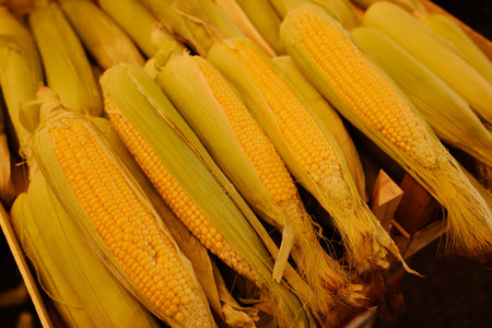 Fresh yellow corn cobs with green husks on a market stand. Natural healthy food symbolizing summer...