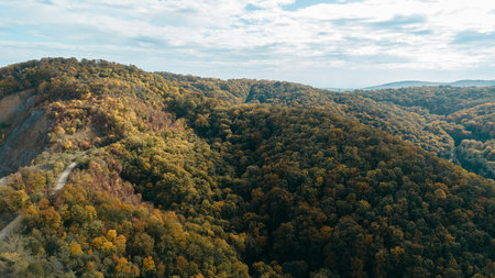 Drone view of rolling forested hills in Fruska Gora, Serbia, covered with colorful autumn trees...