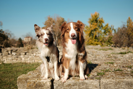 Two friendly dogs, red merle Border Collie and brown white Australian Shepherd, sitting together on...