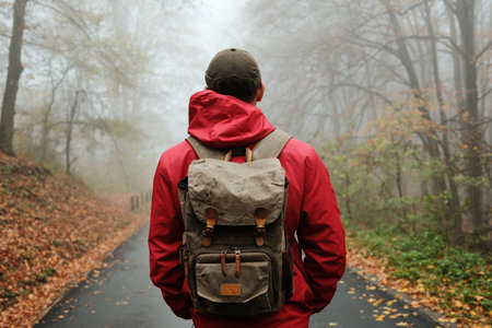 Rear view of traveler with backpack walking alone along foggy autumn forest road. Peaceful and reflective moodの写真素材