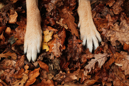 Close-up of red German Shepherd paws resting on dry autumn leaves, highlighting the texture of fur and foliageの写真素材