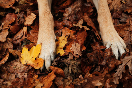 Detailed view of German Shepherd red paws surrounded by dry leaves in warm autumn tonesの写真素材