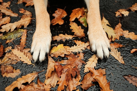 Close-up of red German Shepherd paws resting on wet road surface surrounded by fallen oak leaves.の写真素材