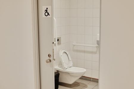 Clean white restroom interior with accessibility support bars and open toilet seat. The concept conveys hygiene, inclusivity, and practical designの写真素材