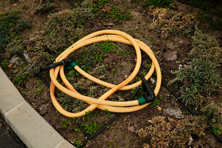Yellow garden hose coiled on dry ground with green plants nearby. The concept represents maintenance, environment, and everyday practicalityの写真素材