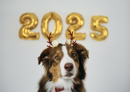 Greeting card with a dog and golden balloons in the shape of numbers 2025 - Happy New Year and Merry Christmas concept. Australian shepherd wears brown reindeer antlers - Santas helperの写真素材