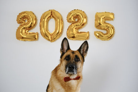 Greeting card with a dog and golden balloons in the shape of numbers 2025 - Happy New Year and Merry Christmas concept. German shepherd wears red bow tieの写真素材