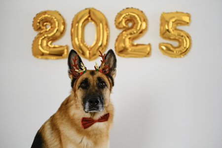 Greeting card with a dog and golden balloons in the shape of numbers 2025 - Happy New Year and Merry Christmas concept. German shepherd wears brown reindeer antlers - Santas helperの写真素材