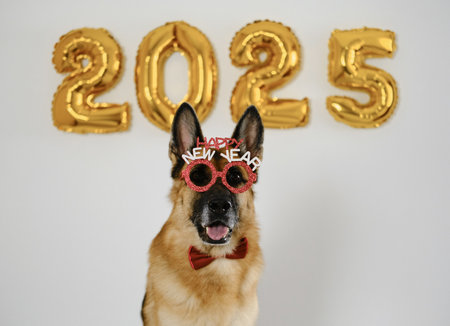 Cheerful German Shepherd wears red glasses with the inscription - happy New Year. Greeting card with a dog and golden balloons in the shape of numbers 2025 on white backgroundの写真素材