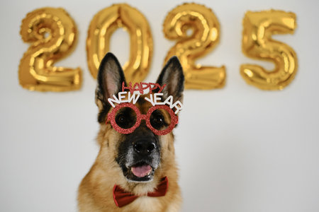 Cheerful German Shepherd wears red glasses with the inscription - happy New Year. Greeting card with...