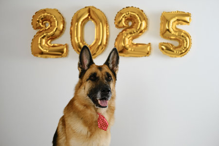 Greeting card with a dog and golden balloons in the shape of numbers 2025 - Happy New Year and Merry Christmas concept. German shepherd wears red tieの写真素材