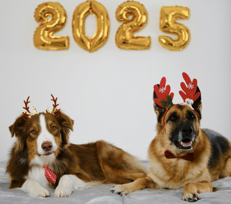 Greeting card with two happy dogs and golden balloons - Happy New Year and Merry Christmas concept. Australian and German shepherds wear red reindeer antlersの写真素材