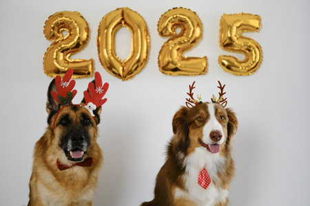 Greeting card with two happy dogs and golden balloons 2025 - Happy New Year and Merry Christmas concept. Australian and German shepherds wear red reindeer antlers - cutest Santa helpersの写真素材
