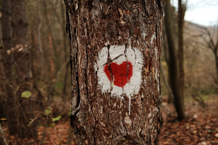 A red heart trail mark painted on a tree trunk in Fruska Gora National Park, Serbia, stands out against the autumn forest, highlighting hiking culture and warm symbolismの写真素材