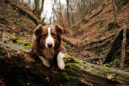 Brown Australian Shepherd lies on a moss-covered log in a quiet forest ravine. The scene conveys peace, adventure and a bond with nature. Hiking with pet conceptの写真素材