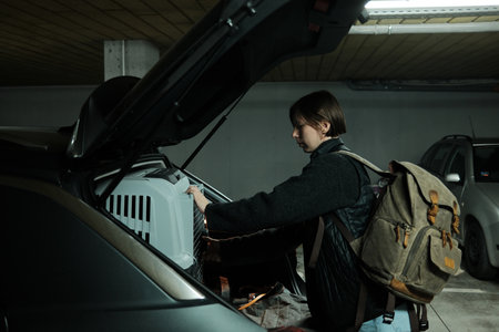 A woman closes a dog crate inside a car trunk, preparing her pet for transport in an underground garage. The scene reflects responsibility, safety, and modern city mobilityの写真素材