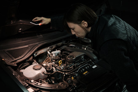 A woman leans over the open car hood and illuminates the engine with a small light. The scene shows careful inspection, routine maintenance, and attention to safetyの写真素材