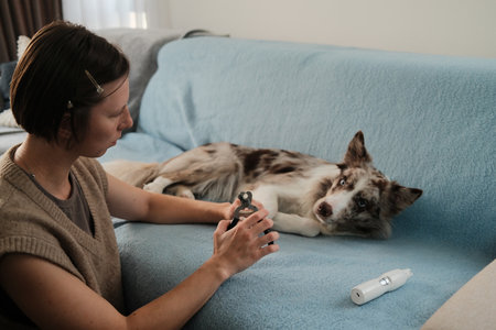 A woman prepares nail clippers while a border collie lies calmly on the sofa. The moment highlights pet care and grooming at homeの写真素材
