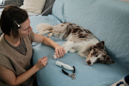 A woman gently holds a border collie paw while trimming nails, with the dog giving a cautious expression. The scene captures grooming and emotional communicationの写真素材