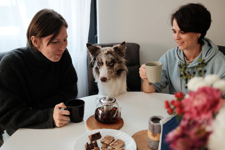 Two women sit at a bright kitchen table with a border collie between them, enjoying warm drinks in a peaceful morning atmosphere. Companionship, shared routine, and gentle daily harmony with a petの写真素材