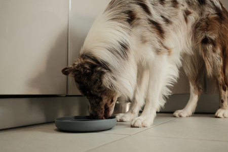 Border collie dog eats from a slow-feeding bowl on the kitchen floor. The scene shows daily pet care and healthy feeding habitsの写真素材