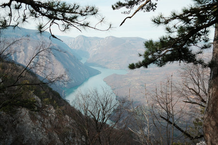 Wide view of Drina River flowing through canyon above Perucac Lake in Tara National Park, Serbia....