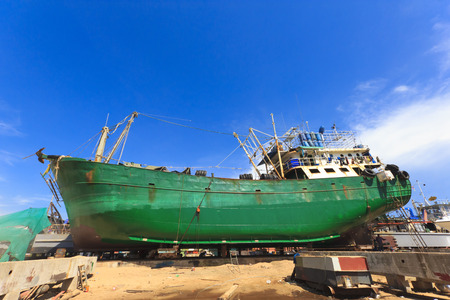 Ship in dry dock during the overhaul.