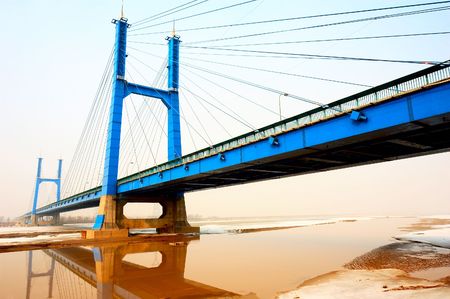 Suspension bridge on Huanghe Riverの写真素材