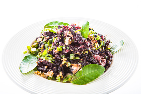 spicy mineed beef isolated on white backgroundの写真素材