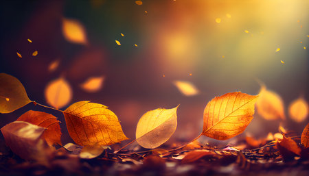 Autumn leaves a beautiful nature bokeh background with forest ground with Generative AI Technologyの素材
