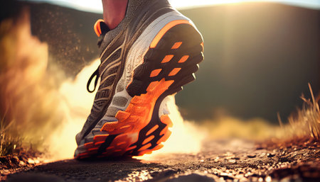 Close up running shoe. Outdoor workout. Sport athlete, runner training. Healthy lifestyle. with Generative AI Technologyの素材