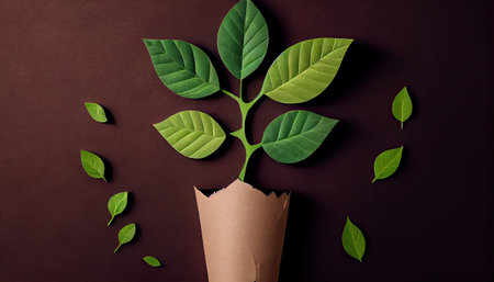 Sprout of small tree with green leaves growing from recycled craft paper top view. Eco, saving energy, zero waste, plastic free concept with Generative AI Technologyの素材