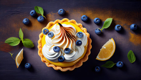 Tartlet with lemon curd, blueberries and meringue horizontal close-up with Generative AI Technologyの素材