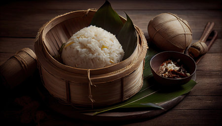 Thai sticky rice in a bamboo basket on wooden background with Generative AI Technologyの素材