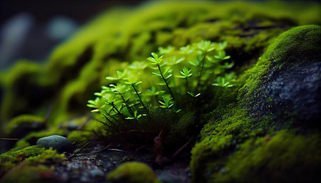 Beautiful green moss on the floor, moss closeup, macro. Beautiful background  wallpaper with Generative AI Technologyの素材