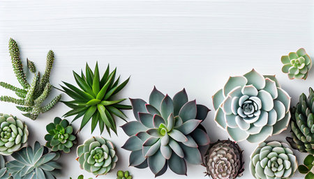 minimalist background with various succulents on a painted white wooden desk, top view with Generative AI Technologyの素材