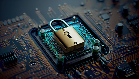security lock on computer circuit board - computer security concept, 3d style with Generative AI Technologyの素材