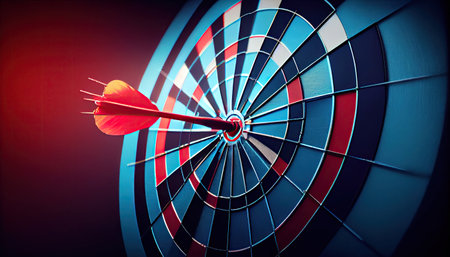 Close up shot red darts arrows in the dartboard center. Business target or goal success and winner concept with Generative AI Technologyの素材